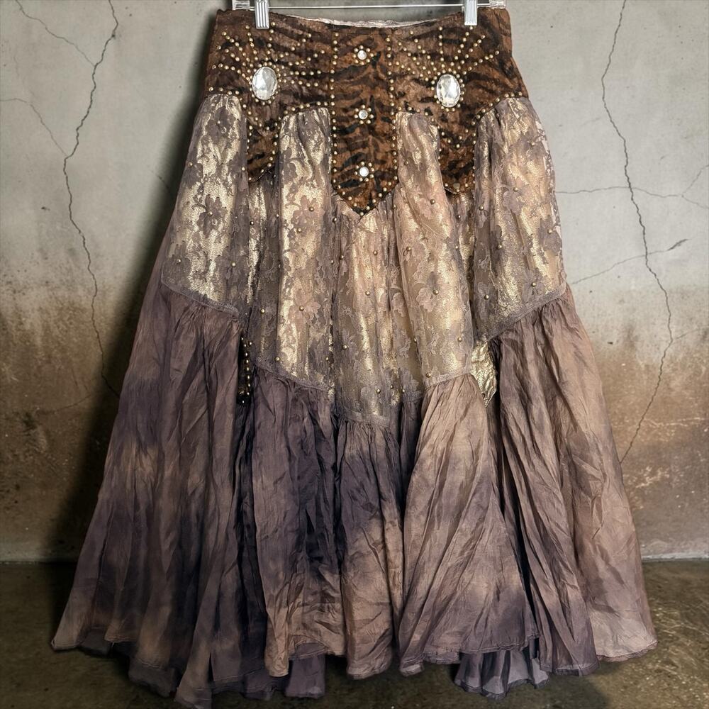 VTG 80s Carlo Fiori Italy Boho Maxi Skirt – Tiered Lace Rhinestone Designer 8/10